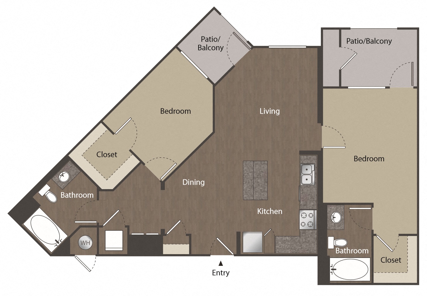 Floor plan for 2 beds, 2 baths, 1135 sqft